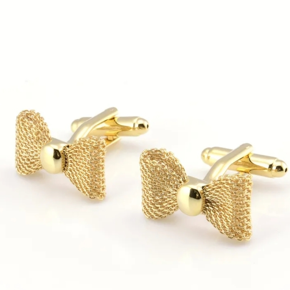 Elegant Gold Mesh Bow Cufflinks Classic Gold Tone Formal Unisex - Picture 2 of 4